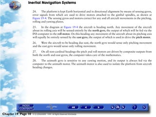Inertial Navigation Systems

                     24.     The platform is kept Earth horizontal and in directional alignment by means of sensing gyros,
                     error signals from which are used to drive motors attached to the gimbal spindles, as shown at
                     Figure 19-4. The sensing gyros and motors correct for any and all aircraft movements in the pitching,
                     rolling and yawing planes.

                     25.    In the diagram at Figure 19-4 the aircraft is heading north. Any movement of the aircraft
                     about its rolling axis will be sensed entirely by the north gyro, the output of which will be fed via the
                     INS computer to the roll motor. On this heading any movement of the aircraft about its pitching axis
                     will equally be entirely sensed by the east gyro, the output of which is used to drive the pitch motor.

                     26.    Were the aircraft to be heading due east, the north gyro would sense only pitching movement
                     and the east gyro would sense only rolling movement.

                     27.    On all non-cardinal headings the pitch and roll motors are driven by composite outputs from
                     both the north and east gyros, the computer takes care of the mathematics.

                     28.    The azimuth gyro is sensitive to any yawing motion, and its output is always fed via the
                     computer to the azimuth motor. The azimuth motor is also used to isolate the platform from aircraft
                     heading changes.




Chapter 19 Page 10   © G LONGHURST 1999 All Rights Reserved Worldwide
 