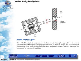 Inertial Navigation Systems

 FIGURE 19-7
 The Tuned Rotor
 Gyro




                     Fibre Optic Gyro
                     48.     The Fibre Optic Gyro operates in a similar manner to the ring laser gyro. It is a rotation rate
                     sensor which uses fibre optics as the propogation medium for the beam of light. The big advantage of
                     the technique is that it is relatively inexpensive when compared to the RLG as it does not require the
                     provision of an expensive Cervit Block.




Chapter 19 Page 20   © G LONGHURST 1999 All Rights Reserved Worldwide
 