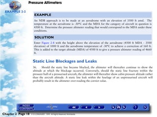 Pressure Altimeters

 EXAMPLE 2-2
                       EXAMPLE
                       An NDB approach is to be made at an aerodrome with an elevation of 3500 ft amsl. The
                       temperature at the aerodrome is -30°C and the MDA for the category of aircraft in question is
                       4500 ft. Determine the pressure altimeter reading that would correspond to the MDA under these
                       conditions.

                       SOLUTION
                       Enter Figure 2-8 with the height above the elevation of the aerodrome (4500 ft MDA - 3500
                       elevation) of 1000 ft and the aerodrome temperature of -30°C to achieve a correction of 160 ft.
                       This is added to the target altitude (MDA) of 4500 ft to give a pressure altimeter reading of 4660
                       ft.


                     Static Line Blockages and Leaks
                     36.     Should the static line become blocked, the altimeter will thereafter continue to show the
                     altitude at which the blockage occurred. Conversely, should the static line fracture within the
                     pressure hull of a pressurised aircraft, the altimeter will thereafter show cabin pressure altitude rather
                     than the aircraft altitude. A static line leak within the fuselage of an unpressurised aircraft will
                     probably result in the altimeter over-reading the correct value.




Chapter 2 Page 18   © G LONGHURST 1999 All Rights Reserved Worldwide
 
