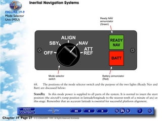 Inertial Navigation Systems

 FIGURE 19-9
 Mode Selector
 Unit (MSU)




                     68.     The positions of the mode selector switch and the purpose of the two lights (Ready Nav and
                     Batt) are discussed below:

                     Standby      In this mode power is supplied to all parts of the system. It is normal to insert the start
                     position (the aircraft's ramp position in latitude/longitude to the nearest tenth of a minute of arc) at
                     this stage. Remember that an accurate latitude is essential for successful platform alignment.




Chapter 19 Page 27   © G LONGHURST 1999 All Rights Reserved Worldwide
 
