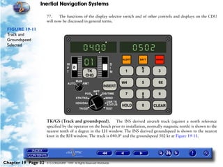 Inertial Navigation Systems

                     77.    The functions of the display selector switch and of other controls and displays on the CDU
                     will now be discussed in general terms.

 FIGURE 19-11
 Track and
 Groundspeed
 Selected




                     TK/GS (Track and groundspeed). The INS derived aircraft track (against a north reference
                     specified by the operator on the bench prior to installation, normally magnetic north) is shown to the
                     nearest tenth of a degree in the LH window. The INS derived groundspeed is shown to the nearest
                     knot in the RH window. The track is 040.0° and the groundspeed 502 kt at Figure 19-11.




Chapter 19 Page 32   © G LONGHURST 1999 All Rights Reserved Worldwide
 