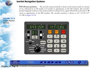 Inertial Navigation Systems

                      POS (Present position).      The aircraft's present latitude is shown to the nearest tenth of a minute
                      of arc, followed by an N (north) or S (south) as appropriate, in the LH window. The aircraft's
                      present longitude is shown to the nearest tenth of a minute of arc, again followed by an E (east) or W
                      (west) as appropriate, in the RH window. The aircraft's position is shown as 34°= 31.5'N 117°
                      11.3'W at Figure 19-14.

 FIGURE 19-14
 Present Position
 Selected




Chapter 19 Page 36    © G LONGHURST 1999 All Rights Reserved Worldwide
 