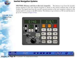Inertial Navigation Systems

                     DIS/TIME (Distance and time to the next waypoint). The distance to go from the aircraft's
                     present position to the next selected waypoint is shown to the nearest nautical mile in the LH
                     window. The lapsed time from the aircraft's present position to the next waypoint is shown to the
                     nearest tenth of a minute in the RH window. The distance to go is shown as 140 nm and the time to
                     go as 16.7 minutes at Figure 19-16.

 FIGURE 19-16
 Distance/Time
 Selected




Chapter 19 Page 38   © G LONGHURST 1999 All Rights Reserved Worldwide
 