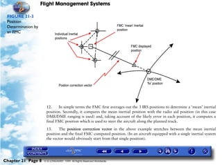 Flight Management Systems

 FIGURE 21-3
 Position
 Determination by
 an FMC




                      12.    In simple terms the FMC first averages out the 3 IRS positions to determine a ‘mean’ inertial
                      position. Secondly, it compares the mean inertial position with the radio aid position (in this case
                      DME/DME ranging is used) and, taking account of the likely error in each position, it computes a
                      final FMC position which is used to steer the aircraft along the planned track.

                      13.    The position correction vector in the above example stretches between the mean inertial
                      position and the final FMC computed position. (In an aircraft equipped with a single inertial system
                      the vector would obviously start from that single position).




Chapter 21 Page 8    © G LONGHURST 1999 All Rights Reserved Worldwide
 