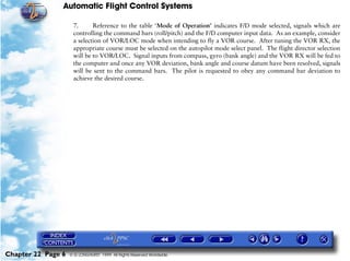 Automatic Flight Control Systems

                     7.      Reference to the table ‘Mode of Operation’ indicates F/D mode selected, signals which are
                     controlling the command bars (roll/pitch) and the F/D computer input data. As an example, consider
                     a selection of VOR/LOC mode when intending to fly a VOR course. After tuning the VOR RX, the
                     appropriate course must be selected on the autopilot mode select panel. The flight director selection
                     will be to VOR/LOC. Signal inputs from compass, gyro (bank angle) and the VOR RX will be fed to
                     the computer and once any VOR deviation, bank angle and course datum have been resolved, signals
                     will be sent to the command bars. The pilot is requested to obey any command bar deviation to
                     achieve the desired course.




Chapter 22 Page 6   © G LONGHURST 1999 All Rights Reserved Worldwide
 