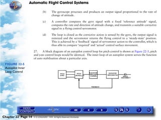 Automatic Flight Control Systems

                              (b)       The gyroscope processes and produces an output signal proportional to the rate of
                                        change of attitude.

                              (c)       A controller compares the gyro signal with a fixed ‘reference attitude’ signal,
                                        computes the rate and direction of attitude change, and transmits a suitable corrective
                                        signal to a flying control servomotor.

                              (d)       The loop is closed as the corrective action is sensed by the gyro, the output signal is
                                        removed and the servomotor returns the flying control to a ‘steady-state’ position.
                                        This is achieved by a ‘feedback’ signal of servomotor action to the controller, which is
                                        thus able to compare ‘required’ and ‘actual’ control surface movement.

                     27.    A block diagram of an autopilot control loop for pitch control is shown at Figure 22-5, pitch
                     and yaw control loops would be identical. The inner loop of an autopilot system serves the function
                     of auto stabilisation about a particular axis.

 FIGURE 22-5
 Autopilot Inner
 Loop Control




Chapter 22 Page 14   © G LONGHURST 1999 All Rights Reserved Worldwide
 
