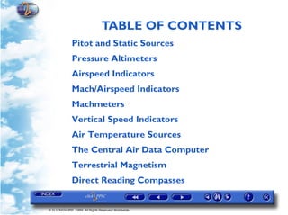 TABLE OF CONTENTS
             Pitot and Static Sources
             Pressure Altimeters
             Airspeed Indicators
             Mach/Airspeed Indicators
             Machmeters
             Vertical Speed Indicators
             Air Temperature Sources
             The Central Air Data Computer
             Terrestrial Magnetism
             Direct Reading Compasses


© G LONGHURST 1999 All Rights Reserved Worldwide
 