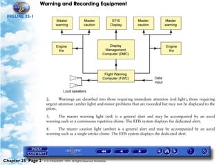 Warning and Recording Equipment

 FIGURE 25-1




                     2.      Warnings are classified into those requiring immediate attention (red light), those requiring
                     urgent attention (amber light) and minor problems that are recorded but may not be displayed to the
                     pilots.

                     3.    The master warning light (red) is a general alert and may be accompanied by an aural
                     warning such as a continuous repetitive chime. The EFIS system displays the dedicated alert.

                     4.    The master caution light (amber) is a general alert and may be accompanied by an aural
                     warning such as a single stroke chime. The EFIS system displays the dedicated alert.




Chapter 25 Page 2   © G LONGHURST 1999 All Rights Reserved Worldwide
 