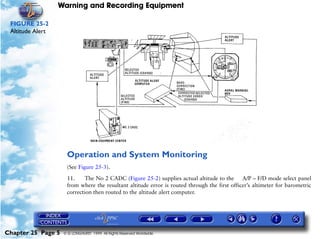 Warning and Recording Equipment

 FIGURE 25-2
 Altitude Alert




                     Operation and System Monitoring
                     (See Figure 25-3).

                     11.     The No 2 CADC (Figure 25-2) supplies actual altitude to the A/P – F/D mode select panel
                     from where the resultant altitude error is routed through the first officer’s altimeter for barometric
                     correction then routed to the altitude alert computer.




Chapter 25 Page 5   © G LONGHURST 1999 All Rights Reserved Worldwide
 