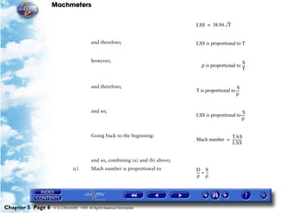 Machmeters

                                                                                LSS = 38.94 T


                                         and therefore;                         LSS is proportional to T


                                         however;                                                       S
                                                                                   ρ is proportional to --
                                                                                                         -
                                                                                                        T


                                         and therefore;                                                S
                                                                                T is proportional to ----
                                                                                                      ρ


                                         and so;                                                        S
                                                                                LSS is proportional to ----
                                                                                                        ρ


                                         Going back to the beginning:                         TAS
                                                                                Mach number = -----------
                                                                                                        -
                                                                                               LSS


                                         and so, combining (a) and (b) above;
                              (c)        Mach number is proportional to         D S
                                                                                --- ÷ --
                                                                                  - -
                                                                                 ρ ρ




Chapter 5 Page 6   © G LONGHURST 1999 All Rights Reserved Worldwide
 