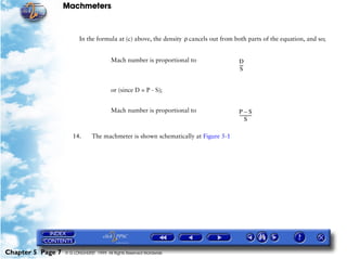 Machmeters


                          In the formula at (c) above, the density ρ cancels out from both parts of the equation, and so;


                                         Mach number is proportional to                D
                                                                                       ---
                                                                                         -
                                                                                       S


                                         or (since D = P - S);


                                         Mach number is proportional to                P–S
                                                                                       -----------
                                                                                                 -
                                                                                            S

                      14.       The machmeter is shown schematically at Figure 5-1




Chapter 5 Page 7   © G LONGHURST 1999 All Rights Reserved Worldwide
 