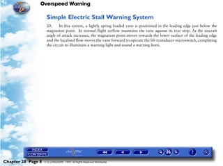 Overspeed Warning

                     Simple Electric Stall Warning System
                     20.     In this system, a lightly spring loaded vane is positioned in the leading edge just below the
                     stagnation point. In normal flight airflow maintains the vane against its rear stop. As the aircraft
                     angle of attack increases, the stagnation point moves towards the lower surface of the leading edge
                     and the localised flow moves the vane forward to operate the lift transducer microswitch, completing
                     the circuit to illuminate a warning light and sound a warning horn.




Chapter 28 Page 8   © G LONGHURST 1999 All Rights Reserved Worldwide
 