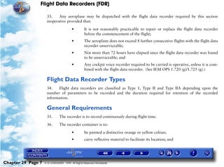 Flight Data Recorders (FDR)

                     33.    Any aeroplane may be dispatched with the flight data recorder required by this section
                     inoperative provided that:

                                        •         It is not reasonably practicable to repair or replace the flight data recorder
                                                  before the commencement of the flight;
                                        •         The aeroplane does not exceed 8 further consecutive flights with the flight data
                                                  recorder unserviceable;
                                        •         Not more than 72 hours have elapsed since the flight data recorder was found
                                                  to be unserviceable; and
                                        •         Any cockpit voice recorder required to be carried is operative, unless it is com-
                                                  bined with the flight data recorder. (See IEM OPS 1.720 (g)/1.725 (g).)

                     Flight Data Recorder Types
                     34.   Flight data recorders are classified as Type 1, Type II and Type IIA depending upon the
                     number of parameters to be recorded and the duration required for retention of the recorded
                     information.

                     General Requirements
                     35.       The recorder is to record continuously during flight time.

                     36.       The recorder container is to:

                                        •         be painted a distinctive orange or yellow colour;
                                        •         carry reflective material to facilitate its location; and




Chapter 29 Page 7   © G LONGHURST 1999 All Rights Reserved Worldwide
 