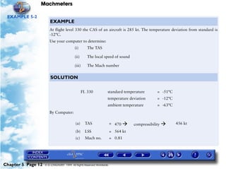 Machmeters

 EXAMPLE 5-2
                       EXAMPLE
                       At flight level 330 the CAS of an aircraft is 285 kt. The temperature deviation from standard is
                       -12°C.
                       Use your computer to determine:
                                          (i)        The TAS

                                          (ii)       The local speed of sound

                                          (iii)      The Mach number


                        SOLUTION

                                                  FL 330           standard temperature        = -51°C
                                                                   temperature deviation       = -12°C
                                                                   ambient temperature         = -63°C
                       By Computer:

                                           (a)      TAS                = 470      compressibility        456 kt

                                           (b)      LSS                = 564 kt
                                           (c)      Mach no.           = 0.81




Chapter 5 Page 12   © G LONGHURST 1999 All Rights Reserved Worldwide
 