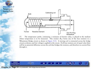 Powerplant and System Monitoring Instruments

 FIGURE 31-7
 Temperature
 Sensing Probe




                     27.     The temperature probe, containing a resistance of known value, is placed in the medium
                     whose temperature is to be measured. This resistor (R1) forms one of the four resistors in a
                     Wheatstone Bridge circuit as shown at Figure 31-8. A moving coil is connected across the bridge
                     circuit as shown, and low voltage is applied to the circuit. If all four resistors are of equal value there
                     will be no potential difference across the coil that bridges the resistors, and therefore no current flow
                     through it.




Chapter 31 Page 14   © G LONGHURST 1999 All Rights Reserved Worldwide
 