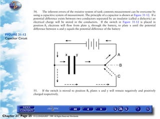 Powerplant and System Monitoring Instruments

                       54.     The inherent errors of the resistive system of tank contents measurement can be overcome by
                       using a capacitive system of measurement. The principle of a capacitor is shown at Figure 31-12. If a
                       potential difference exists between two conductors separated by an insulator (called a dielectric) an
                       electrical charge will be stored in the conductors. If the switch in Figure 31-12 is placed in
                       position A, electrons will flow from plate y, through the battery, to plate x until the potential
                       difference between x and y equals the potential difference of the battery

 FIGURE 31-12
 Capacitor Circuit




                       55.    If the switch is moved to position B, plates x and y will remain negatively and positively
                       charged respectively.




Chapter 31 Page 25     © G LONGHURST 1999 All Rights Reserved Worldwide
 