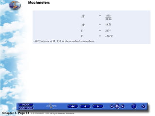 Machmeters


                                                                           T   =     573
                                                                                   ------------
                                                                                              -
                                                                                   38.94

                                                                           T   =   14.71

                                                                       T       =   217°

                                                                       T       =   – 56°C
                       -56°C occurs at FL 355 in the standard atmosphere.




Chapter 5 Page 14   © G LONGHURST 1999 All Rights Reserved Worldwide
 