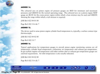 Powerplant and System Monitoring Instruments

                     ANSWER 14.

                     The coloured arcs on piston engine oil pressure gauges are RED for minimum and maximum
                     pressures and GREEN for the normal operating range. The coloured arcs on a piston engine MAP
                     gauge are BLUE for the cruise power region within which a lean mixture may be used and GREEN
                     showing the range within which a rich mixture is required.

                     JAR Ref: 022 04 01 00

                     Page Ref: 022 31-6 & 7

                     ANSWER 15.

                     The device used to sense piston engine cylinder head temperature is, typically, a surface contact type
                     thermocouple.

                     JAR Ref: 022 04 02 00

                     Page Ref: 022 31-7

                     ANSWER 16.
                     Typical applications for temperature gauges in aircraft piston engine monitoring systems are oil
                     temperature, cylinder head temperature, carburettor air temperature and exhaust gas temperature.
                     In gas turbine engines oil temperature and either turbine inlet or exhaust gas temperature gauges are
                     essential requirements. Air inlet temperature is also usually indicated.

                     JAR Ref: 022 04 02 00

                     Page Ref: 022 31-6 & 7




Chapter 31 Page 50   © G LONGHURST 1999 All Rights Reserved Worldwide
 