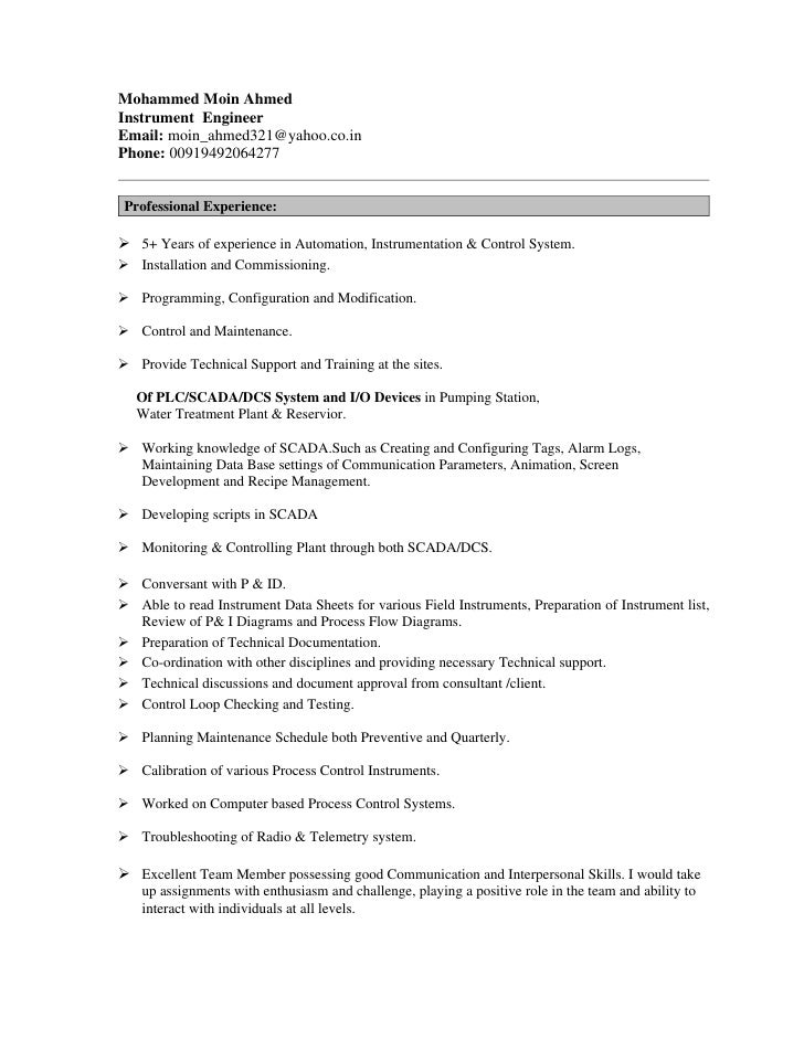 Instrumentation and control engineer resume