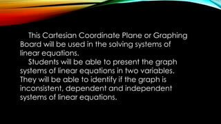 This Cartesian Coordinate Plane or Graphing
Board will be used in the solving systems of
linear equations.
Students will be able to present the graph
systems of linear equations in two variables.
They will be able to identify if the graph is
inconsistent, dependent and independent
systems of linear equations.
 