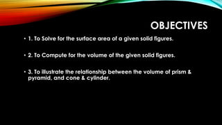 OBJECTIVES
• 1. To Solve for the surface area of a given solid figures.
• 2. To Compute for the volume of the given solid figures.
• 3. To illustrate the relationship between the volume of prism &
pyramid, and cone & cylinder.
 
