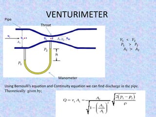 VENTURIMETER
𝑉2 𝑉1 < 𝑉2
𝑃1 > 𝑃2
𝐴1 > 𝐴2
𝐴1
𝐴2
𝑃1
𝑃2
Manometer
Pipe
Throat
Using Bernoulli’s equation and Continuity equation we can find discharge in the pipe.
Theoretically given by;
 