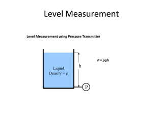Level Measurement
Level Measurement using Pressure Transmitter
P = ρgh
 