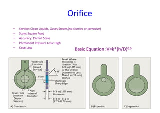 Orifice
• Service: Clean Liquids, Gases Steam,(no slurries or corrosive)
• Scale: Square Root
• Accuracy: 1% Full Scale
• Permanent Pressure Loss: High
• Cost: Low
Basic Equation :V=k*(h/D)0.5
 