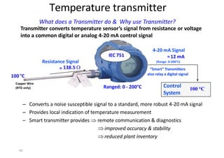 46
– Converts a noise susceptible signal to a standard, more robust 4‐20 mA signal
– Provides local indication of temperature measurement
– Smart transmitter provides  remote communication & diagnostics
 improved accuracy & stability
 reduced plant inventory
Temperature transmitter
What does a Transmitter do & Why use Transmitter?
Transmitter converts temperature sensor’s signal from resistance or voltage
into a common digital or analog 4‐20 mA control signal
Control
System
Copper Wire
(RTD only)
“Smart” Transmitters
also relay a digital signal
100 °C
100 °C
IEC 751
Ranged: 0 ‐ 200°C
Resistance Signal
= 138.5 
4‐20 mA Signal
=12 mA
(Range: 0‐200°C)
 
