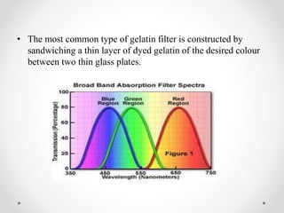 • The most common type of gelatin filter is constructed by
sandwiching a thin layer of dyed gelatin of the desired colour
between two thin glass plates.
 