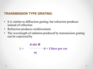 TRANSMISSION TYPE GRATING:
• It is similar to diffraction grating, but refraction produces
instead of reflection
• Refraction produces reinforcement
• The wavelength of radiation produced by transmission grating
can be expressed by
d sin Φ
λ = d = 1/lines per cm
m
 