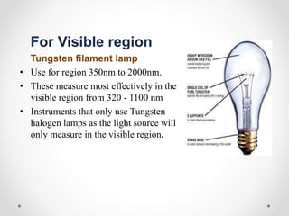 For Visible region
Tungsten filament lamp
• Use for region 350nm to 2000nm.
• These measure most effectively in the
visible region from 320 - 1100 nm
• Instruments that only use Tungsten
halogen lamps as the light source will
only measure in the visible region.
 