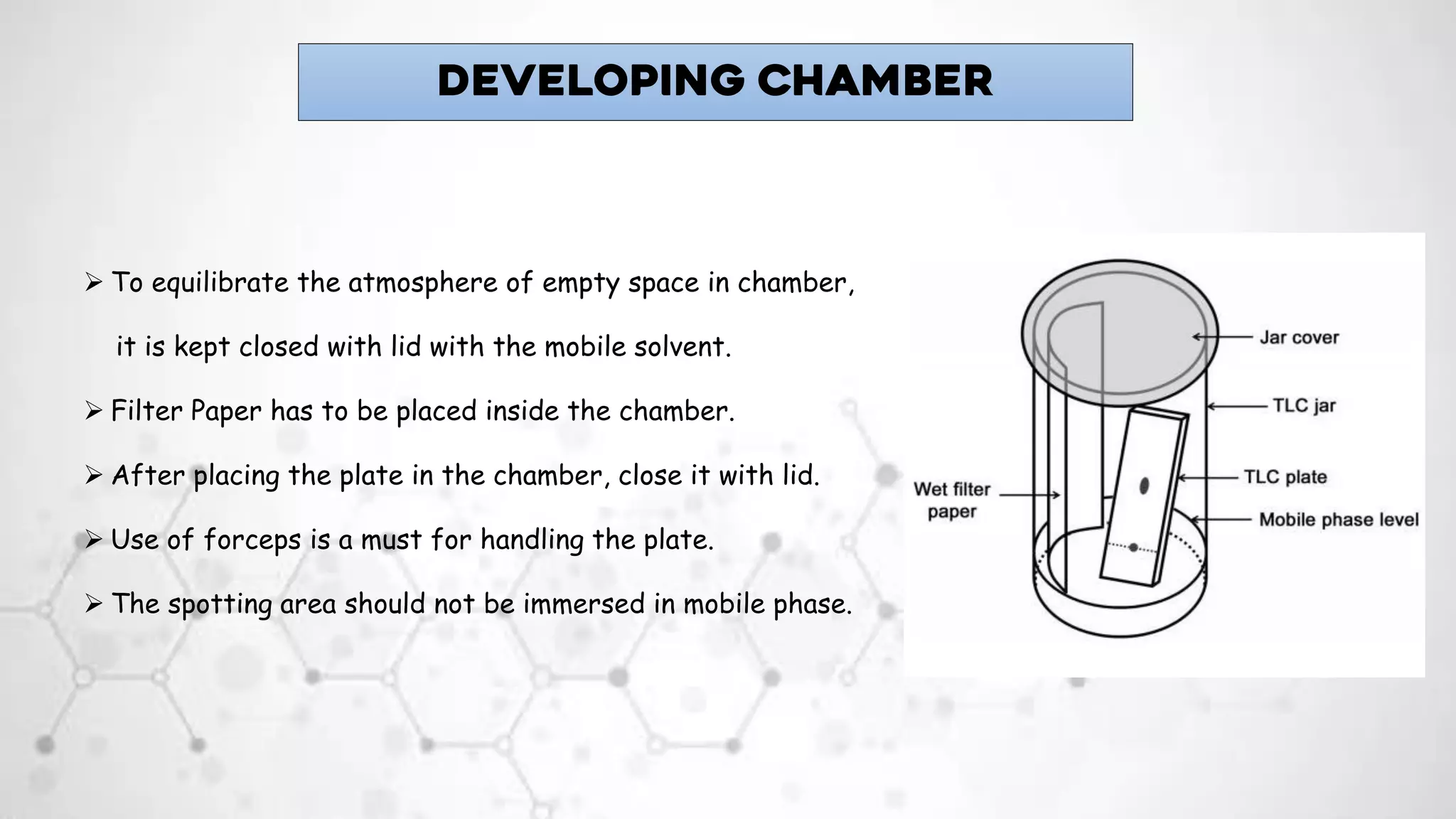 ➢ To equilibrate the atmosphere of empty space in chamber,
it is kept closed with lid with the mobile solvent.
➢ Filter Paper has to be placed inside the chamber.
➢ After placing the plate in the chamber, close it with lid.
➢ Use of forceps is a must for handling the plate.
➢ The spotting area should not be immersed in mobile phase.
DEVELOPING CHAMBER
 