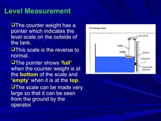 Level Measurement
 The counter weight has a
 pointer which indicates the
 level scale on the outside of
 the tank.
 This scale is the reverse to     FLOAT

 normal.
 The pointer shows ‘full’
 when the counter weight is at
 the bottom of the scale and
 ‘empty’ when it is at the top.
 The scale can be made very
 large so that it can be seen
 from the ground by the
 operator.
                                  104
 