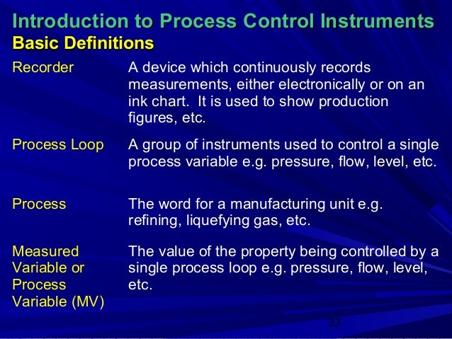 Introduction to Process Control InstrumentsBasic DefinitionsRecorder        A device which continuously records           ...