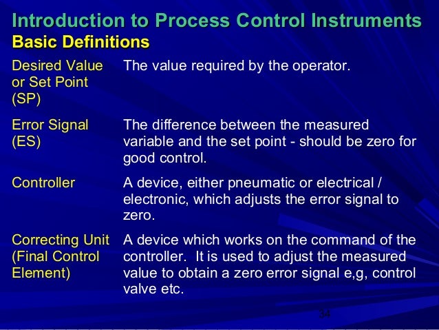 Introduction to Process Control InstrumentsBasic DefinitionsDesired Value    The value required by the operator.or Set Poi...