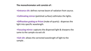 The monochromator unit consists of :
•Entrance slit: defines narrow beam of radiation from source.
•Collimating mirror:(polished surface) collimates the lights.
•Diffraction grating or Prism (make of quartz): disperses the
light into specific wavelength.
•Focusing mirror: captures the dispersed light & sharpens the
same to the sample via exit slit
•Exit slit: allows the corrected wavelength of light to the
sample .
 
