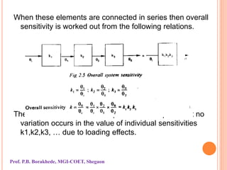 When these elements are connected in series then overall
sensitivity is worked out from the following relations.
The above relation is based upon the assumption that no
variation occurs in the value of individual sensitivities
k1,k2,k3, … due to loading effects.
Prof. P.B. Borakhede, MGI-COET, Shegaon
 