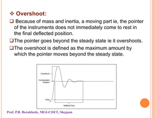  Overshoot:
 Because of mass and inertia, a moving part ie, the pointer
of the instruments does not immediately come to rest in
the final deflected position.
The pointer goes beyond the steady state ie it overshoots.
The overshoot is defined as the maximum amount by
which the pointer moves beyond the steady state.
Prof. P.B. Borakhede, MGI-COET, Shegaon
 