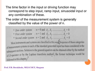 The time factor in the input or driving function may
correspond to step input, ramp input, sinusoidal input or
any combination of these.
The order of the measurement system is generally
classified by the value of the power of n.
Prof. P.B. Borakhede, MGI-COET, Shegaon
 