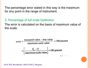 The percentage error stated in this way is the maximum
for any point in the range of instrument.
3. Percentage of full scale Deflection
The error is calculated on the basis of maximum value of
the scale.
Prof. P.B. Borakhede, MGI-COET, Shegaon
 