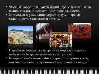 Чисти бакар је црвенкасто-браон боје, мек метал, врло велике топлотне и електричне проводљивости . Заступљен је у земљиној кори у виду минерала:  х алкопирита, халкозина и других. Највећи извор бакра у исхрани су морски плодови а међу њима бакра највише има у остригама.  Бакар се такође мо ж е наћи и у зрнастом црном хлебу, махунастом поврћу, куваним изнутрицама и кивију. 