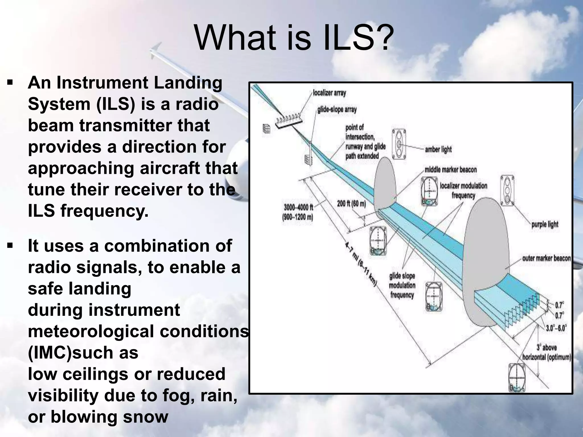 What is ILS? 
 An Instrument Landing 
System (ILS) is a radio 
beam transmitter that 
provides a direction for 
approaching aircraft that 
tune their receiver to the 
ILS frequency. 
 It uses a combination of 
radio signals, to enable a 
safe landing 
during instrument 
meteorological conditions 
(IMC)such as 
low ceilings or reduced 
visibility due to fog, rain, 
or blowing snow 
 