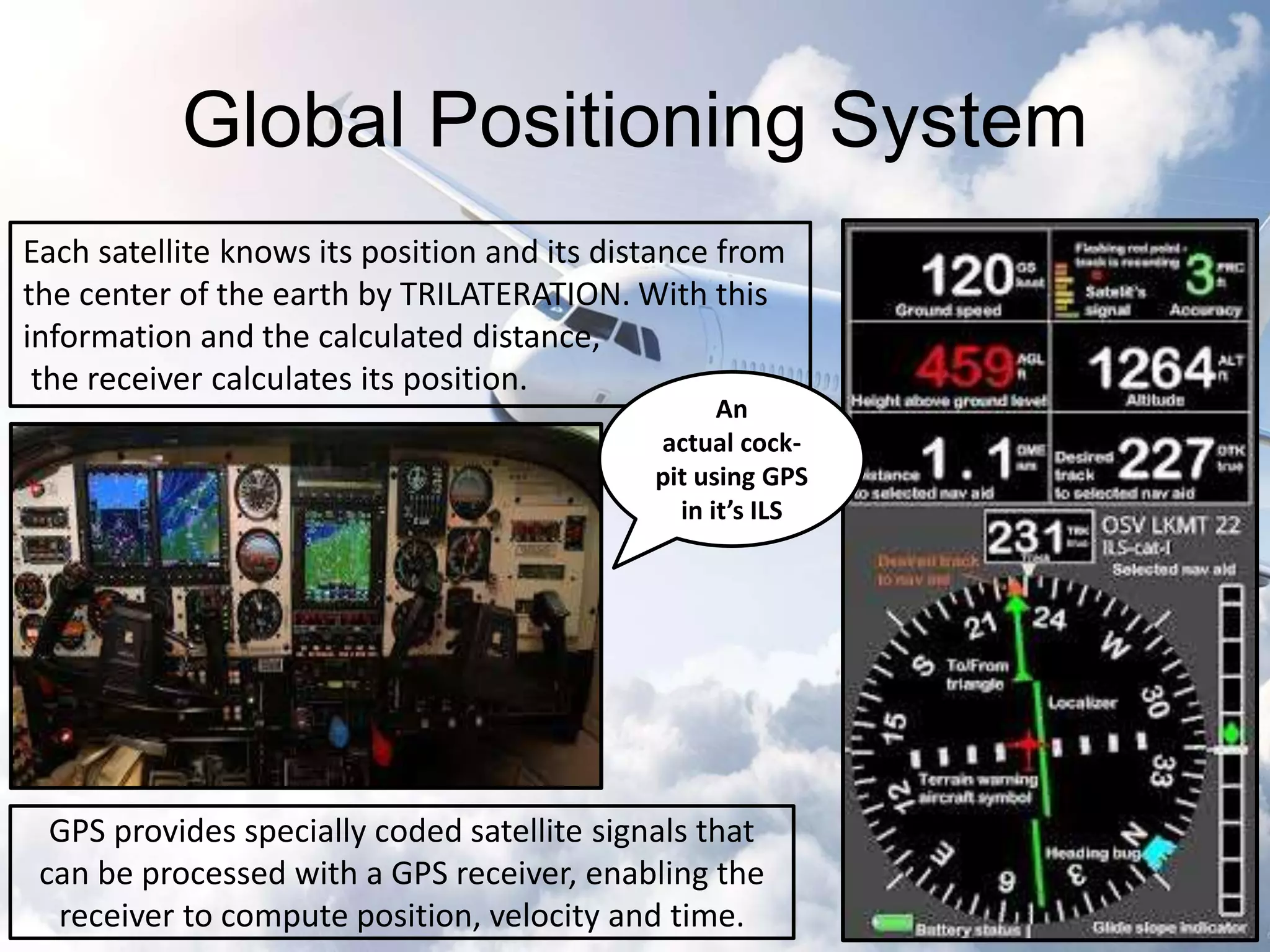 Global Positioning System 
Each satellite knows its position and its distance from 
the center of the earth by TRILATERATION. With this 
information and the calculated distance, 
the receiver calculates its position. 
An 
actual cock-pit 
using GPS 
in it’s ILS 
GPS provides specially coded satellite signals that 
can be processed with a GPS receiver, enabling the 
receiver to compute position, velocity and time. 
 