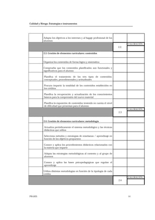 Calidad y Riesgo. Estrategias e instrumentos
PRAXIS 14
Adapta los objetivos a los intereses y al bagaje profesional de los
alumnos
VALORACIÓN
2.2.
2.3. Gestión de elementos curriculares: contenidos
Organiza los contenidos de forma lógica y sistemática
Comprueba que los contenidos planificados son funcionales y
significativos para el alumno
Planifica el tratamiento de los tres tipos de contenidos:
conceptuales, procedimentales y actitudinales
Procura impartir la totalidad de los contenidos establecidos en
los créditos
Planifica la recuperación y actualización de los conocimientos
básicos para la comprensión del nuevo material
Planifica la exposición de contenidos teniendo en cuenta el nivel
de dificultad que presentan para el alumno
VALORACIÓN
2.3
2.4. Gestión de elementos curriculares: metodología
Actualiza periódicamente el sistema metodológico y las técnicas
didácticas que utiliza
Selecciona métodos y estrategias de enseñanza / aprendizaje en
función de los objetivos propuestos
Conoce y aplica los procedimientos didácticos relacionados con
la materia que imparte
Adapta las estrategias metodológicas al contexto y al grupo de
alumnos
Conoce y aplica las bases psicopedagógicas que regulan el
aprendizaje
Utiliza distintas metodologías en función de la tipología de cada
crédito
VALORACIÓN
2.4
 