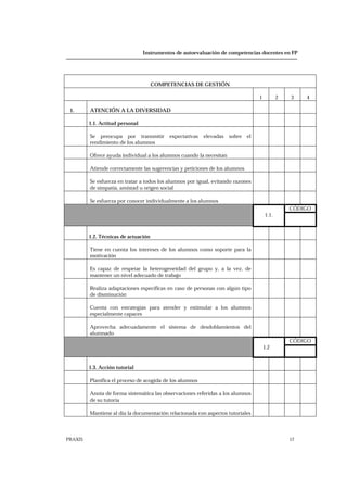 Instrumentos de autoevaluación de competencias docentes en FP
PRAXIS 17
COMPETENCIAS DE GESTIÓN
1 2 3 4
1. ATENCIÓN A LA DIVERSIDAD
1.1. Actitud personal
Se preocupa por transmitir expectativas elevadas sobre el
rendimiento de los alumnos
Ofrece ayuda individual a los alumnos cuando la necesitan
Atiende correctamente las sugerencias y peticiones de los alumnos
Se esfuerza en tratar a todos los alumnos por igual, evitando razones
de simpatía, amistad u origen social
Se esfuerza por conocer individualmente a los alumnos
CÓDIGO
1.1.
1.2. Técnicas de actuación
Tiene en cuenta los intereses de los alumnos como soporte para la
motivación
Es capaz de respetar la heterogeneidad del grupo y, a la vez, de
mantener un nivel adecuado de trabajo
Realiza adaptaciones específicas en caso de personas con algún tipo
de disminución
Cuenta con estrategias para atender y estimular a los alumnos
especialmente capaces
Aprovecha adecuadamente el sistema de desdoblamientos del
alumnado
CÓDIGO
1.2
1.3. Acción tutorial
Planifica el proceso de acogida de los alumnos
Anota de forma sistemática las observaciones referidas a los alumnos
de su tutoría
Mantiene al día la documentación relacionada con aspectos tutoriales
 