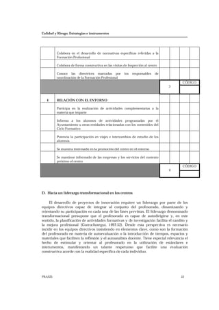 Calidad y Riesgo. Estrategias e instrumentos
PRAXIS 22
Colabora en el desarrollo de normativas específicas referidas a la
Formación Profesional
Colabora de forma constructiva en las visitas de Inspección al centro
Conoce las directrices marcadas por los responsables de
coordinación de la Formación Profesional
CÓDIGO
3
4 RELACIÓN CON EL ENTORNO
Participa en la realización de actividades complementarias a la
materia que imparte
Informa a los alumnos de actividades programadas por el
Ayuntamiento u otras entidades relacionadas con los contenidos del
Ciclo Formativo
Potencia la participación en viajes e intercambios de estudio de los
alumnos
Se muestra interesado en la promoción del centro en el entorno
Se mantiene informado de las empresas y los servicios del contexto
próximo al centro
CÓDIGO
4
D. Hacia un liderazgo transformacional en los centros
El desarrollo de proyectos de innovación requiere un liderazgo por parte de los
equipos directivos capaz de integrar al conjunto del profesorado, dinamizando y
orientando su participación en cada una de las fases previstas. El liderazgo denominado
transformacional presupone que el profesorado es capaz de autodirigirse y, en este
sentido, la planificación de actividades formativas y de investigación facilita el cambio y
la mejora profesional (Gorrochotegui, 1997:52). Desde esta perspectiva es necesario
incidir en los equipos directivos insistiendo en elementos clave, como son la formación
del profesorado en materia de autoevaluación o la introducción de tiempos, espacios y
materiales que faciliten la reflexión y el autoanálisis docente. Tiene especial relevancia el
hecho de estimular y orientar al profesorado en la utilización de estándares e
instrumentos, manifestando un talante respetuoso que facilite una evaluación
constructiva acorde con la realidad específica de cada individuo.
 