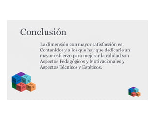 Conclusión
La dimensión con mayor satisfacción es
Contenidos y a los que hay que dedicarle un
mayor esfuerzo para mejorar la calidad son
Aspectos Pedagógicos y Motivacionales y
Aspectos Técnicos y Estéticos.

 
