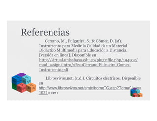 Referencias
Cerrano, M., Fulgueira, S. & Gómez, D. (sf).
Instrumento para Medir la Calidad de un Material
Didáctico Multimedia para Educación a Distancia.
[versión en línea]. Disponible en
http://virtual.unisabana.edu.co/pluginfile.php/194902/
mod_assign/intro/2%20Cerrano-Fulgueira-GomezInstrumento.pdf
Librosvivos.net. (n.d.). Circuitos eléctricos. Disponible
en
http://www.librosvivos.net/smtc/homeTC.asp?TemaClave=
1021=1021

 