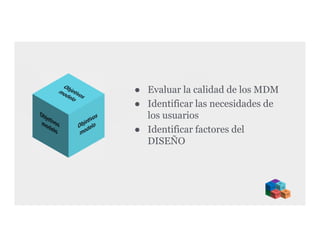 ● Evaluar la calidad de los MDM
● Identificar las necesidades de
los usuarios
● Identificar factores del
DISEÑO

 